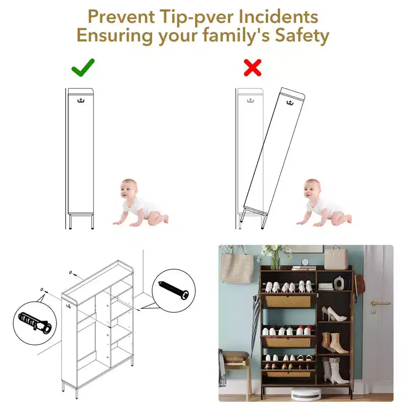 Meuble à chaussures 3 niveaux en rotin avec tiroirs basculants et étagères réglables, grille supérieure, organisateur de rangement de chaussures étroit pour entrée, couloir ou chambre