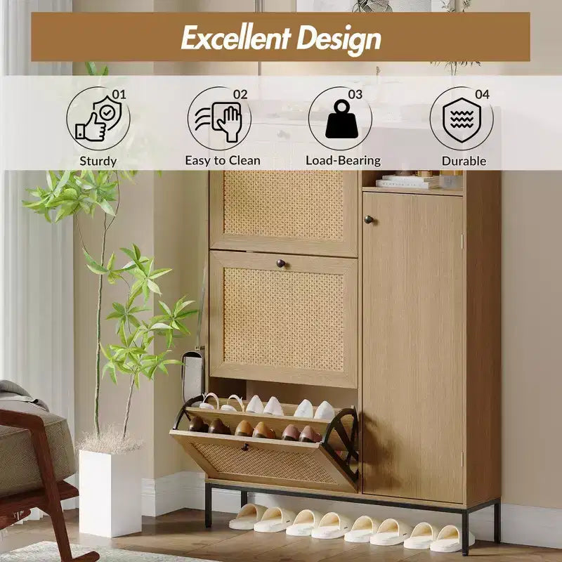 Meuble à chaussures 3 niveaux en rotin avec tiroirs basculants et étagères réglables, grille supérieure, organisateur de rangement de chaussures étroit pour entrée, couloir ou chambre