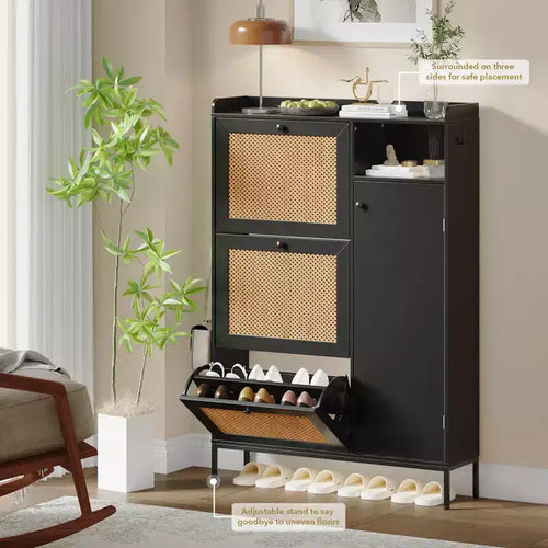 Meuble à chaussures 3 niveaux en rotin avec tiroirs basculants et étagères réglables, grille supérieure, organisateur de rangement de chaussures étroit pour entrée, couloir ou chambre