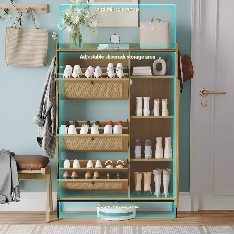 Meuble à chaussures 3 niveaux en rotin avec tiroirs basculants et étagères réglables, grille supérieure, organisateur de rangement de chaussures étroit pour entrée, couloir ou chambre