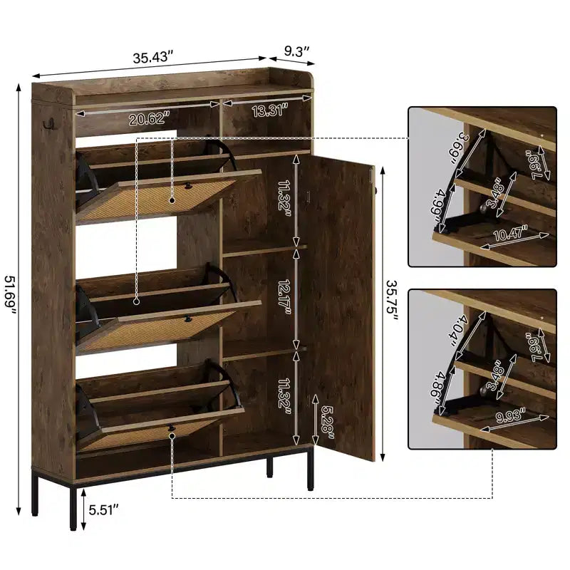 Meuble à chaussures 3 niveaux en rotin avec tiroirs basculants et étagères réglables, grille supérieure, organisateur de rangement de chaussures étroit pour entrée, couloir ou chambre