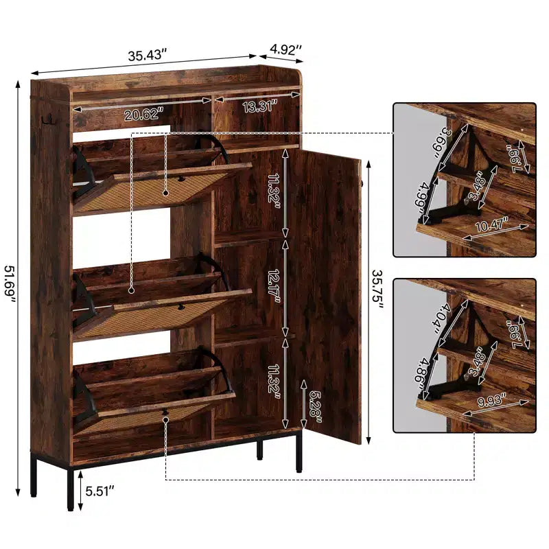 Meuble à chaussures 3 niveaux en rotin avec tiroirs basculants et étagères réglables, grille supérieure, organisateur de rangement de chaussures étroit pour entrée, couloir ou chambre