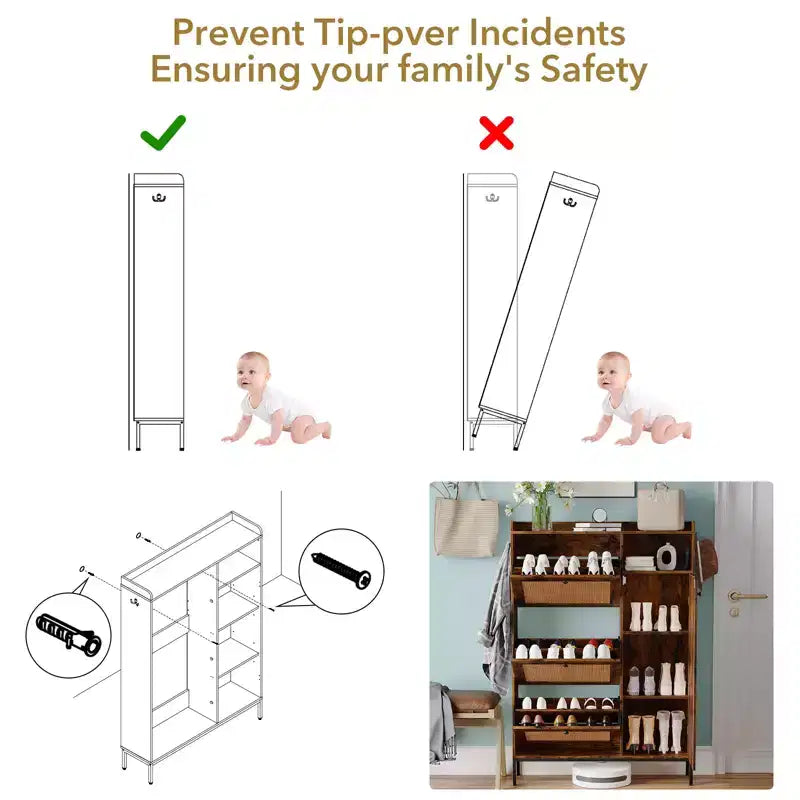 Meuble à chaussures 3 niveaux en rotin avec tiroirs basculants et étagères réglables, grille supérieure, organisateur de rangement de chaussures étroit pour entrée, couloir ou chambre
