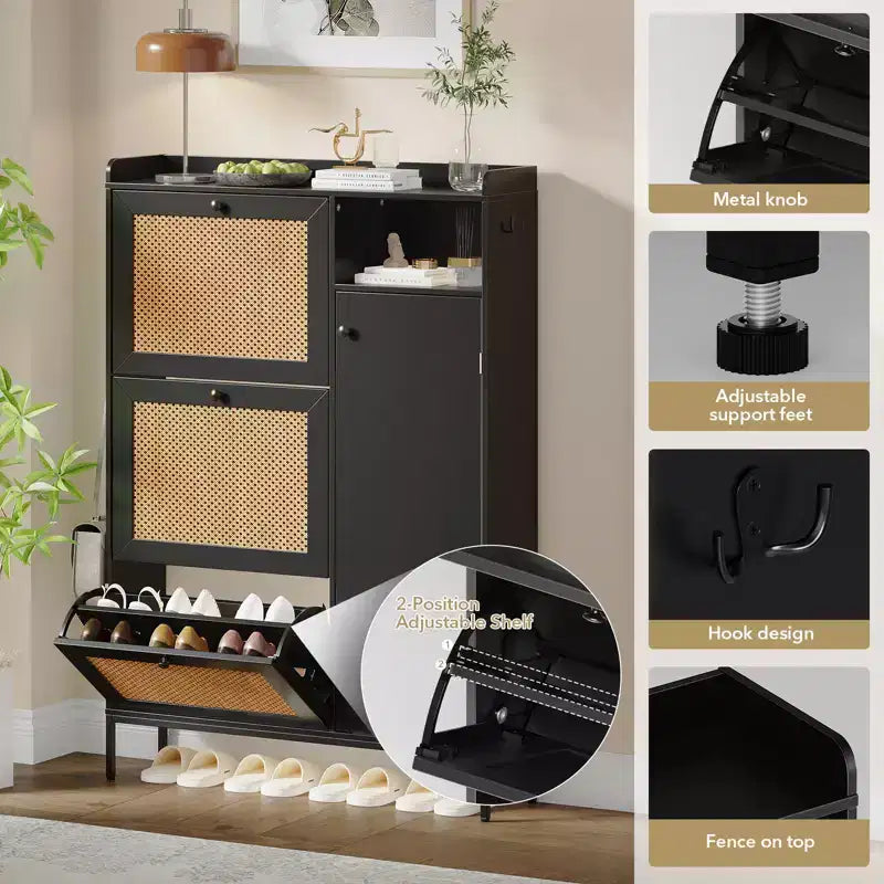 Meuble à chaussures 3 niveaux en rotin avec tiroirs basculants et étagères réglables, grille supérieure, organisateur de rangement de chaussures étroit pour entrée, couloir ou chambre