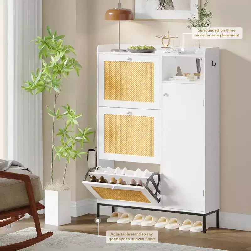 Meuble à chaussures 3 niveaux en rotin avec tiroirs basculants et étagères réglables, grille supérieure, organisateur de rangement de chaussures étroit pour entrée, couloir ou chambre