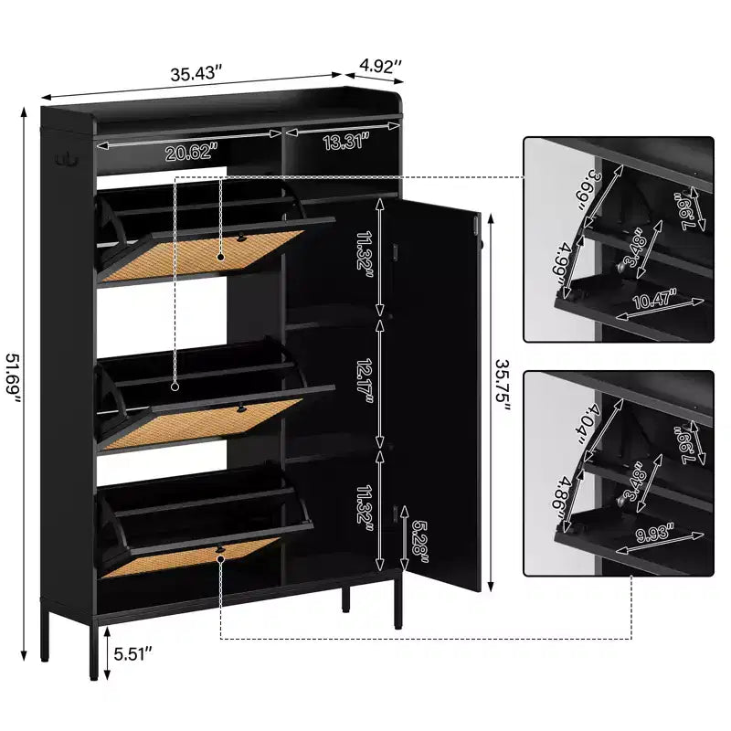 Meuble à chaussures 3 niveaux en rotin avec tiroirs basculants et étagères réglables, grille supérieure, organisateur de rangement de chaussures étroit pour entrée, couloir ou chambre
