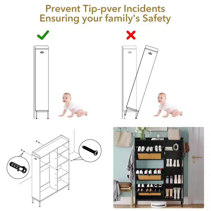 Meuble à chaussures 3 niveaux en rotin avec tiroirs basculants et étagères réglables, grille supérieure, organisateur de rangement de chaussures étroit pour entrée, couloir ou chambre