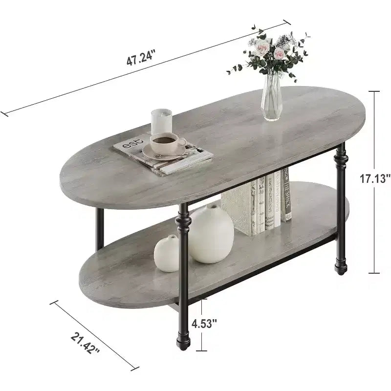 Table basse ovale à 2 niveaux avec rangement, table centrale grise de style Mid-century de 120 cm, table basse moderne en bois et métal pour salon ou bureau