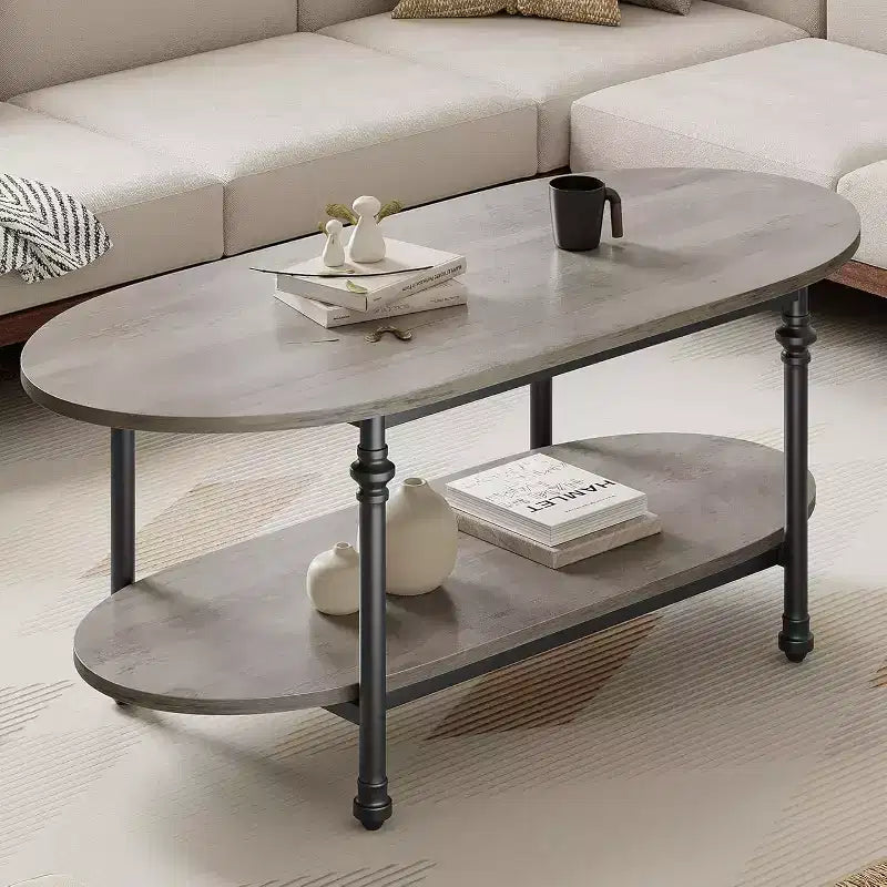 Table basse ovale à 2 niveaux avec rangement, table centrale grise de style Mid-century de 120 cm, table basse moderne en bois et métal pour salon ou bureau
