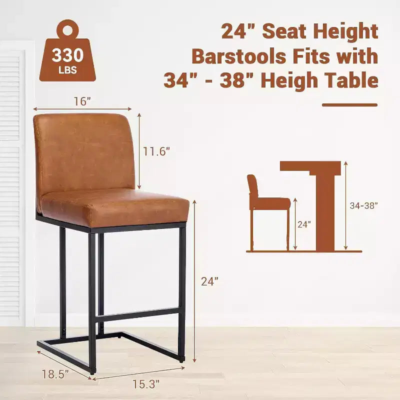 Tabourets de bar à hauteur de comptoir avec dossier, lot de 1 tabouret de bar rembourré en cuir, hauteur d'assise de 24 pouces pour îlot de cuisine, coin repas ou café