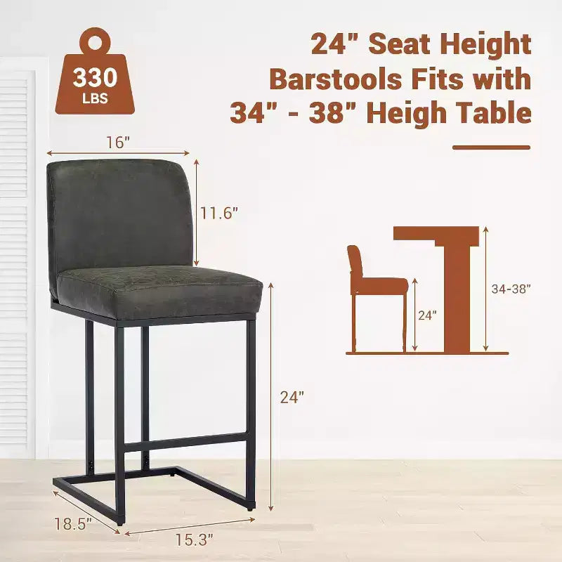 Tabourets de bar à hauteur de comptoir avec dossier, lot de 1 tabouret de bar rembourré en cuir, hauteur d'assise de 24 pouces pour îlot de cuisine, coin repas ou café