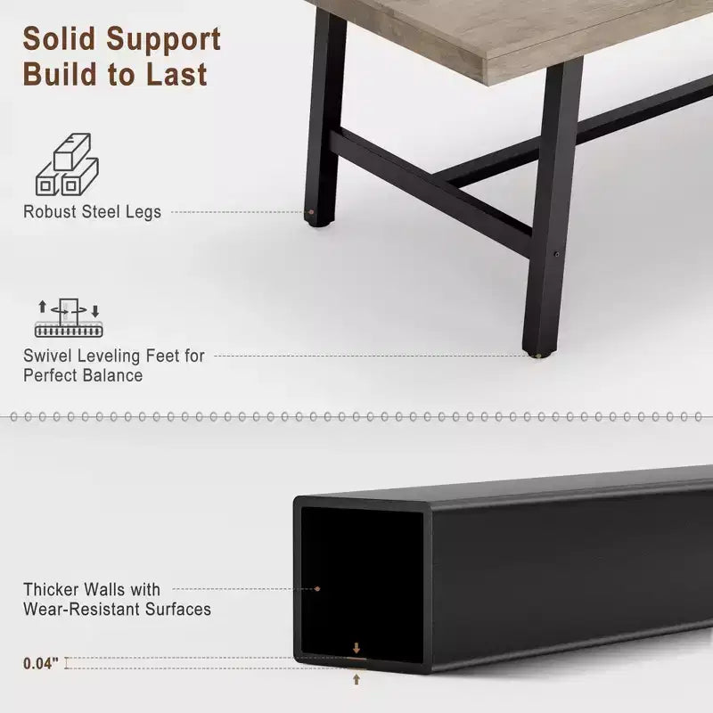Table à manger rustique en bois de 70,87 po pour 6 personnes, avec pieds en métal noir robustes, table de patio rectangulaire de style industriel pour la cuisine, la salle à manger