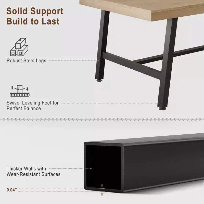 Table à manger rustique en bois de 70,87 po pour 6 personnes, avec pieds en métal noir robustes, table de patio rectangulaire de style industriel pour la cuisine, la salle à manger