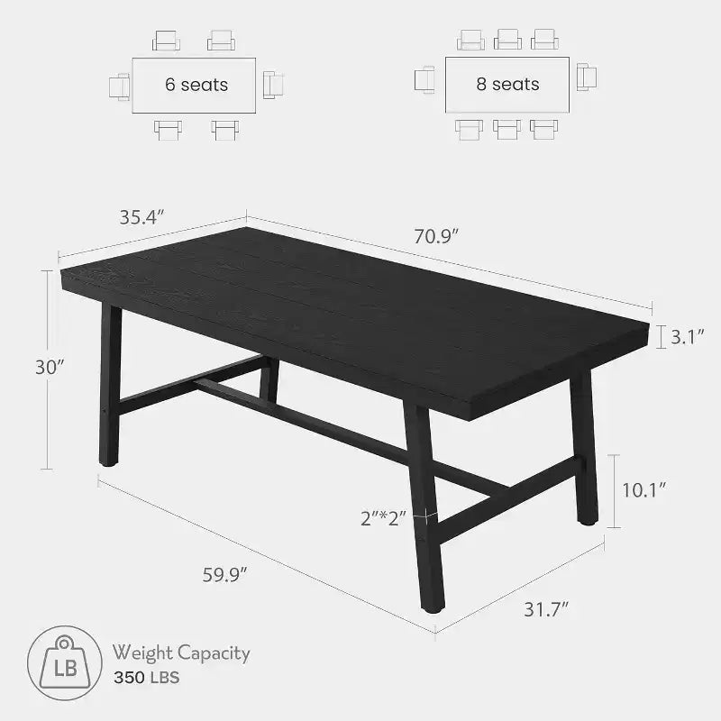 Table à manger rustique en bois de 70,87 po pour 6 personnes, avec pieds en métal noir robustes, table de patio rectangulaire de style industriel pour la cuisine, la salle à manger