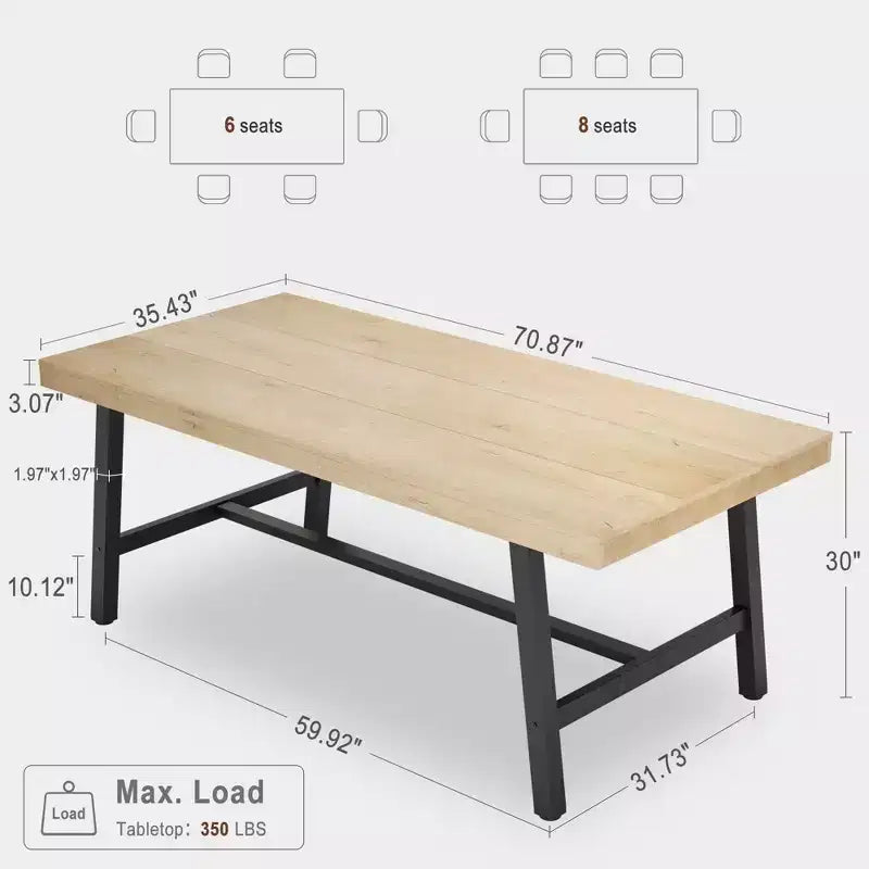 Table à manger rustique en bois de 70,87 po pour 6 personnes, avec pieds en métal noir robustes, table de patio rectangulaire de style industriel pour la cuisine, la salle à manger