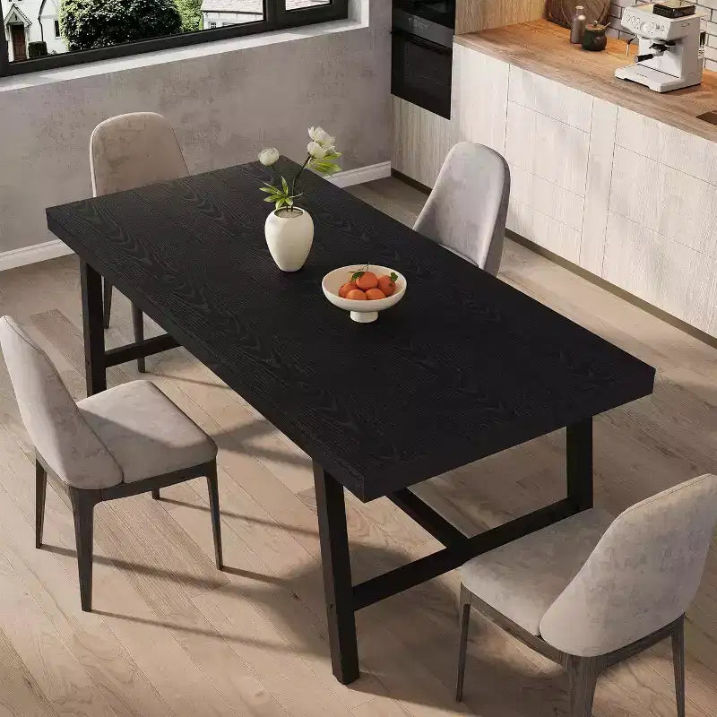 Table à manger rustique en bois de 70,87 po pour 6 personnes, avec pieds en métal noir robustes, table de patio rectangulaire de style industriel pour la cuisine, la salle à manger