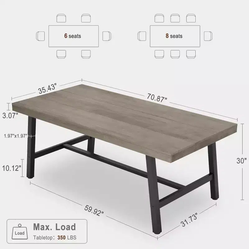 Table à manger rustique en bois de 70,87 po pour 6 personnes, avec pieds en métal noir robustes, table de patio rectangulaire de style industriel pour la cuisine, la salle à manger