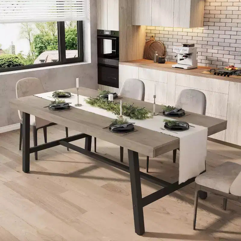 Table à manger rustique en bois de 70,87 po pour 6 personnes, avec pieds en métal noir robustes, table de patio rectangulaire de style industriel pour la cuisine, la salle à manger