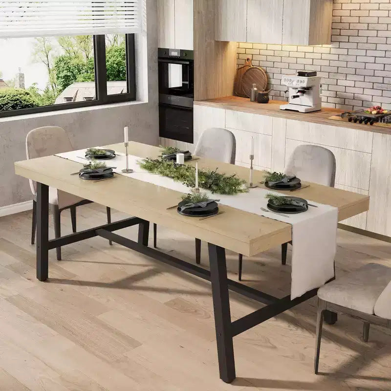 Table à manger rustique en bois de 70,87 po pour 6 personnes, avec pieds en métal noir robustes, table de patio rectangulaire de style industriel pour la cuisine, la salle à manger