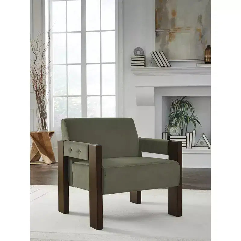 Fauteuil d'appoint en velours vert olive avec cadre en bois finition expresso