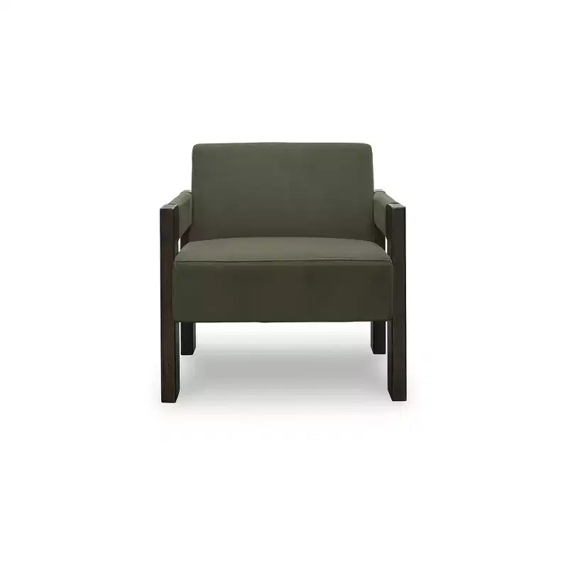 Fauteuil d'appoint en velours vert olive avec cadre en bois finition expresso