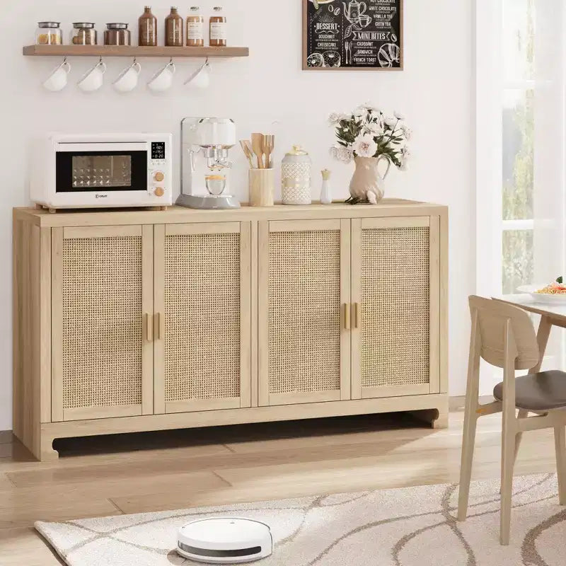 Meuble de Rangement d'Appoint en Rotin avec 4 Portes et Étagère, Meuble Bar Moderne