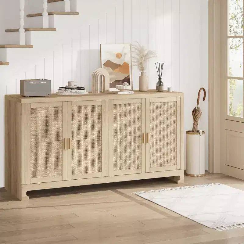 Meuble de Rangement d'Appoint en Rotin avec 4 Portes et Étagère, Meuble Bar Moderne