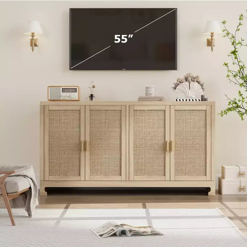 Meuble de Rangement d'Appoint en Rotin avec 4 Portes et Étagère, Meuble Bar Moderne