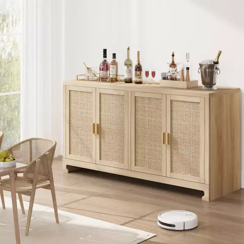 Meuble de Rangement d'Appoint en Rotin avec 4 Portes et Étagère, Meuble Bar Moderne