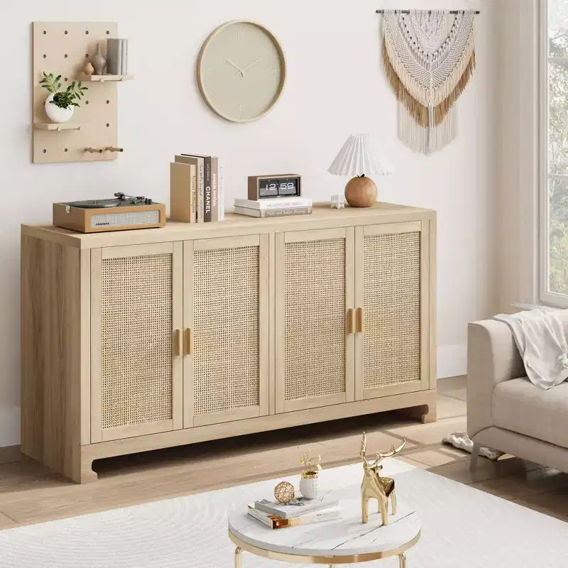 Meuble de Rangement d'Appoint en Rotin avec 4 Portes et Étagère, Meuble Bar Moderne
