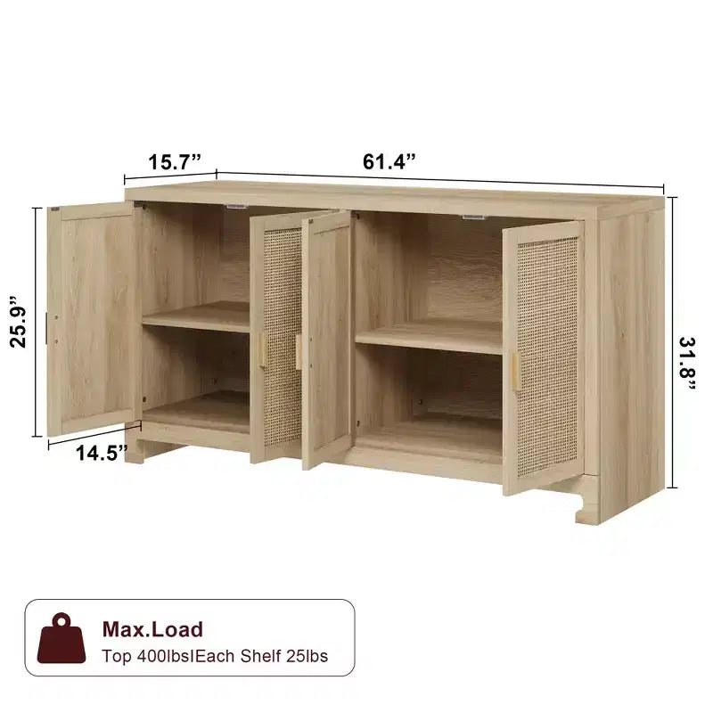 Meuble de Rangement d'Appoint en Rotin avec 4 Portes et Étagère, Meuble Bar Moderne