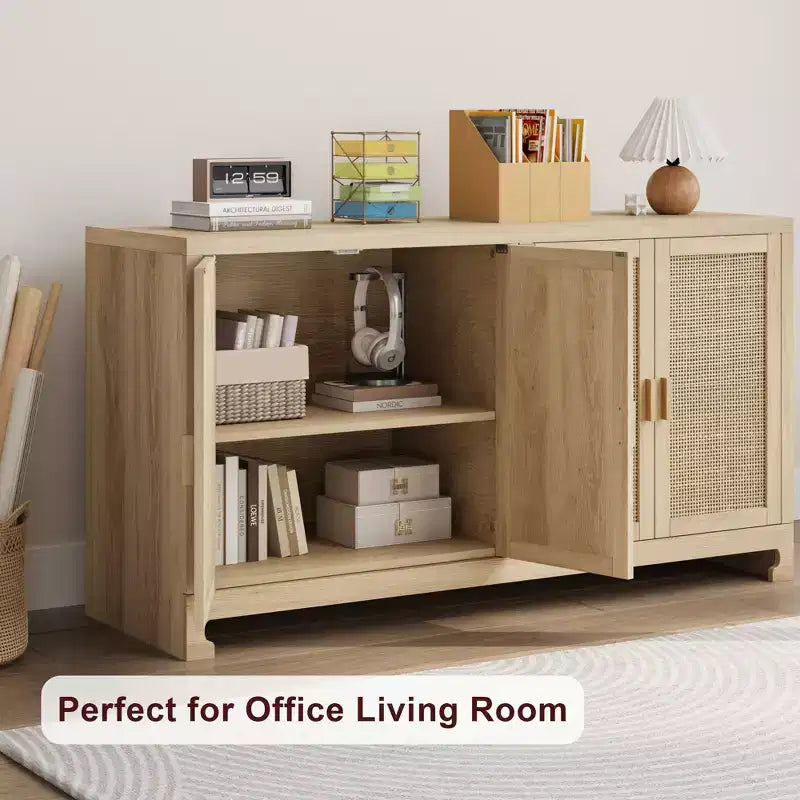 Meuble de Rangement d'Appoint en Rotin avec 4 Portes et Étagère, Meuble Bar Moderne