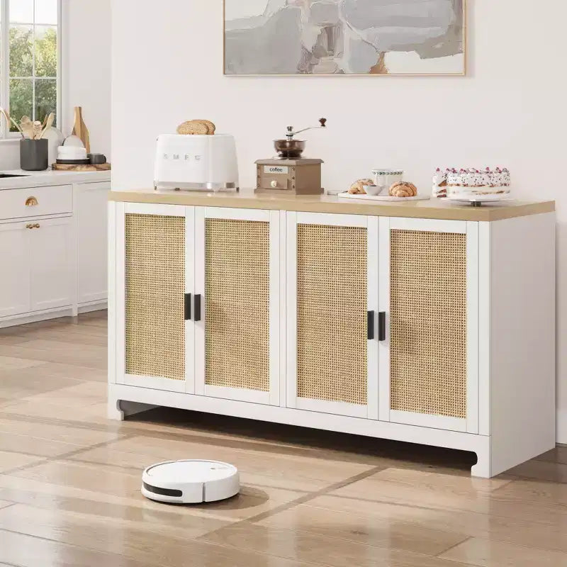 Meuble de Rangement d'Appoint en Rotin avec 4 Portes et Étagère, Meuble Bar Moderne