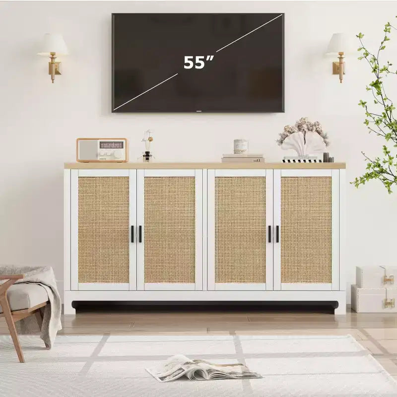 Meuble de Rangement d'Appoint en Rotin avec 4 Portes et Étagère, Meuble Bar Moderne