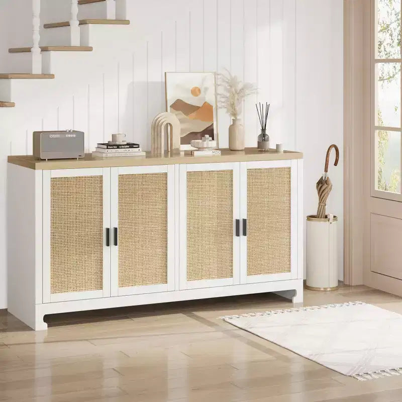 Meuble de Rangement d'Appoint en Rotin avec 4 Portes et Étagère, Meuble Bar Moderne