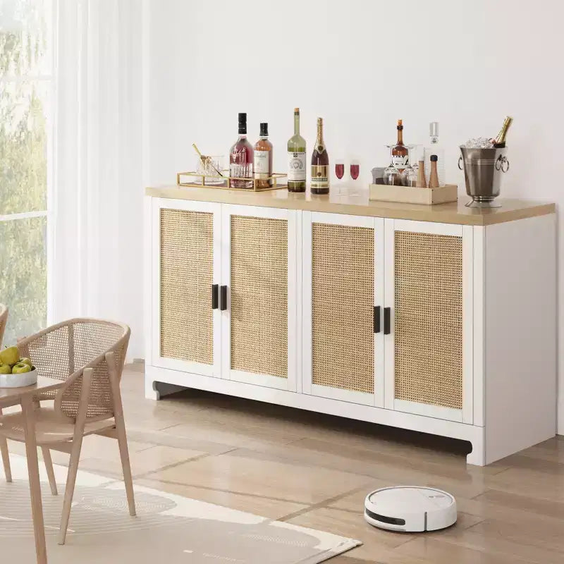 Meuble de Rangement d'Appoint en Rotin avec 4 Portes et Étagère, Meuble Bar Moderne