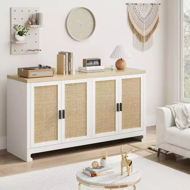 Meuble de Rangement d'Appoint en Rotin avec 4 Portes et Étagère, Meuble Bar Moderne