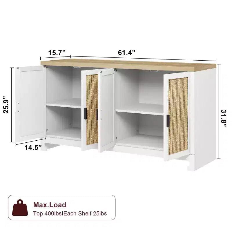 Meuble de Rangement d'Appoint en Rotin avec 4 Portes et Étagère, Meuble Bar Moderne