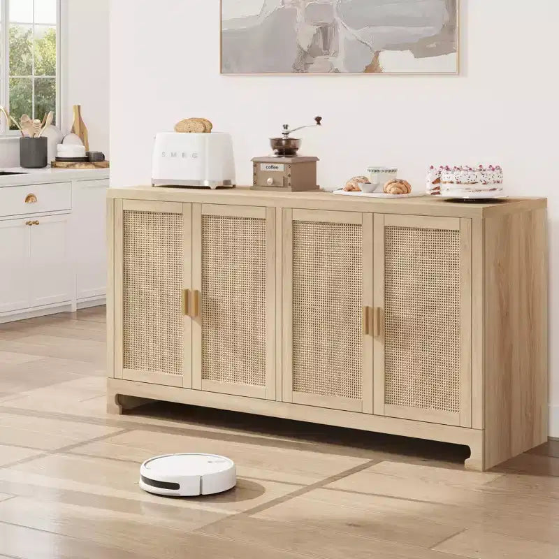 Meuble de Rangement d'Appoint en Rotin avec 4 Portes et Étagère, Meuble Bar Moderne