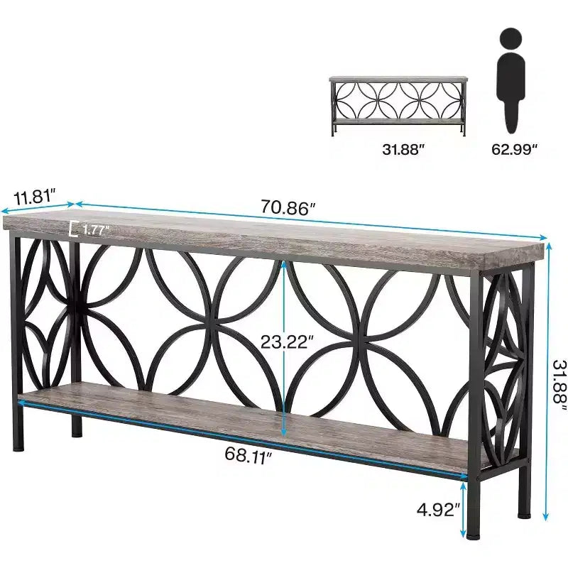 Console industrielle extra longue en métal avec base de rangement, table d'entrée étroite moderne, table de canapé pour couloir, salon