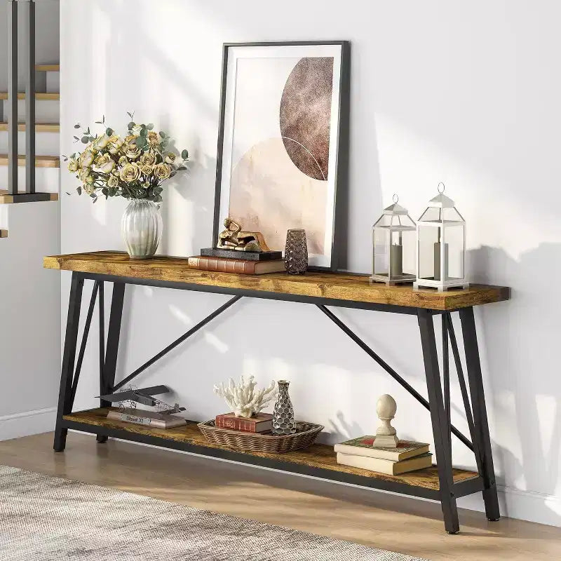 Console industrielle extra longue en métal avec base de rangement, table d'entrée étroite moderne, table de canapé pour couloir, salon