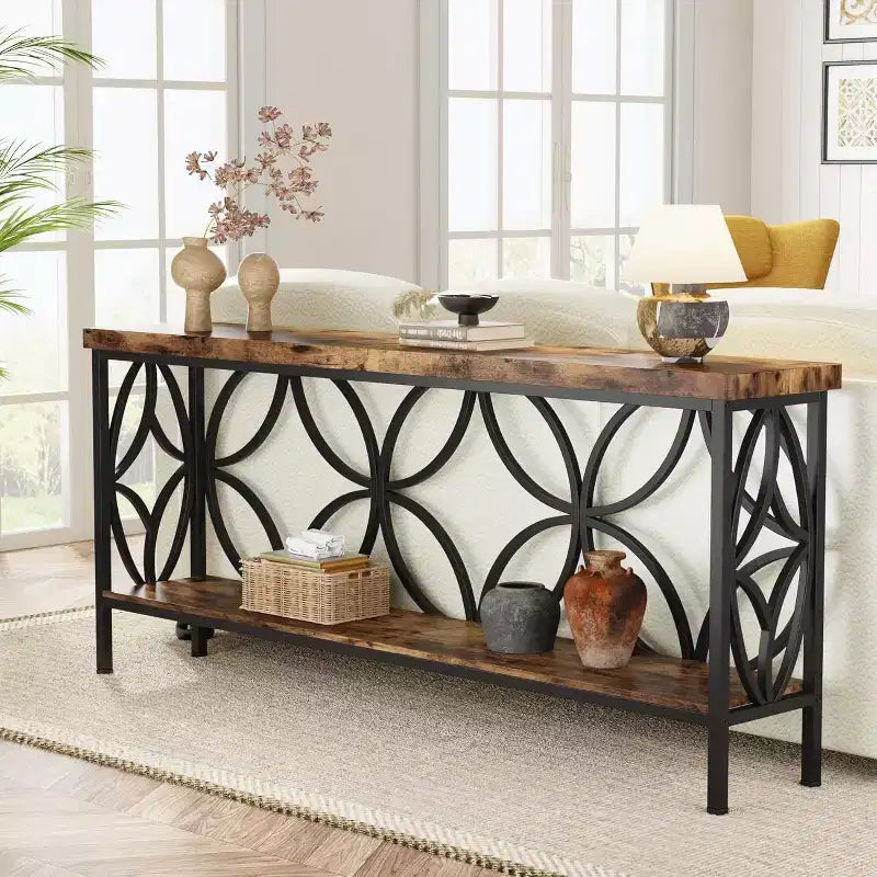 Console industrielle extra longue en métal avec base de rangement, table d'entrée étroite moderne, table de canapé pour couloir, salon
