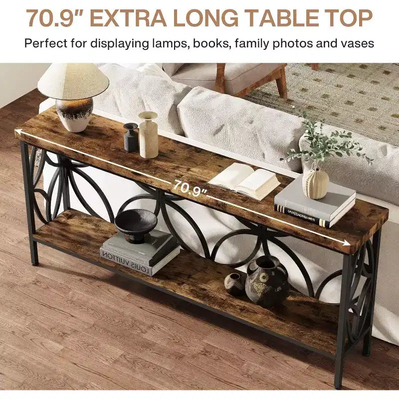 Console industrielle extra longue en métal avec base de rangement, table d'entrée étroite moderne, table de canapé pour couloir, salon