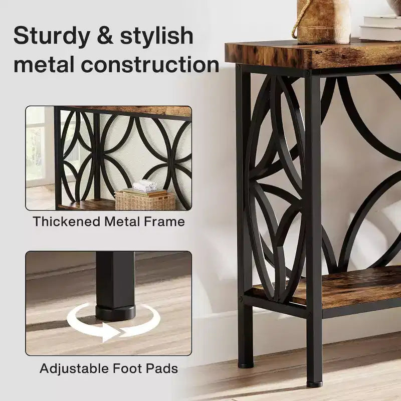 Console industrielle extra longue en métal avec base de rangement, table d'entrée étroite moderne, table de canapé pour couloir, salon