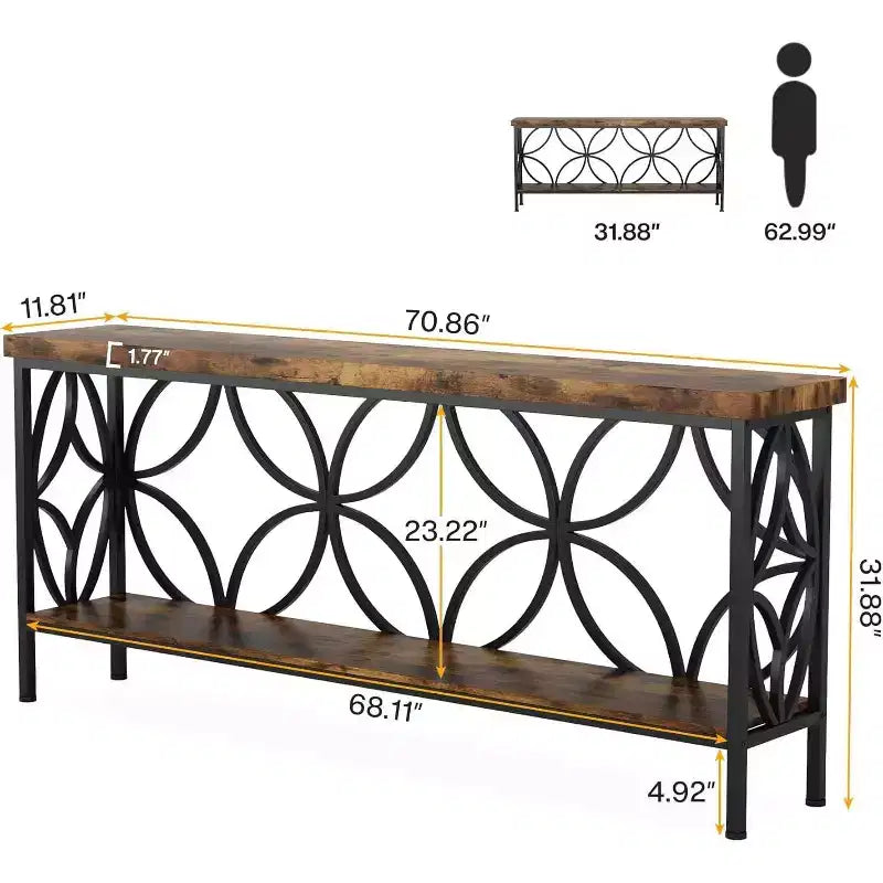 Console industrielle extra longue en métal avec base de rangement, table d'entrée étroite moderne, table de canapé pour couloir, salon