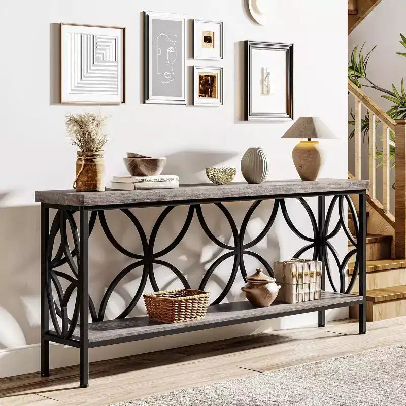 Console industrielle extra longue en métal avec base de rangement, table d'entrée étroite moderne, table de canapé pour couloir, salon