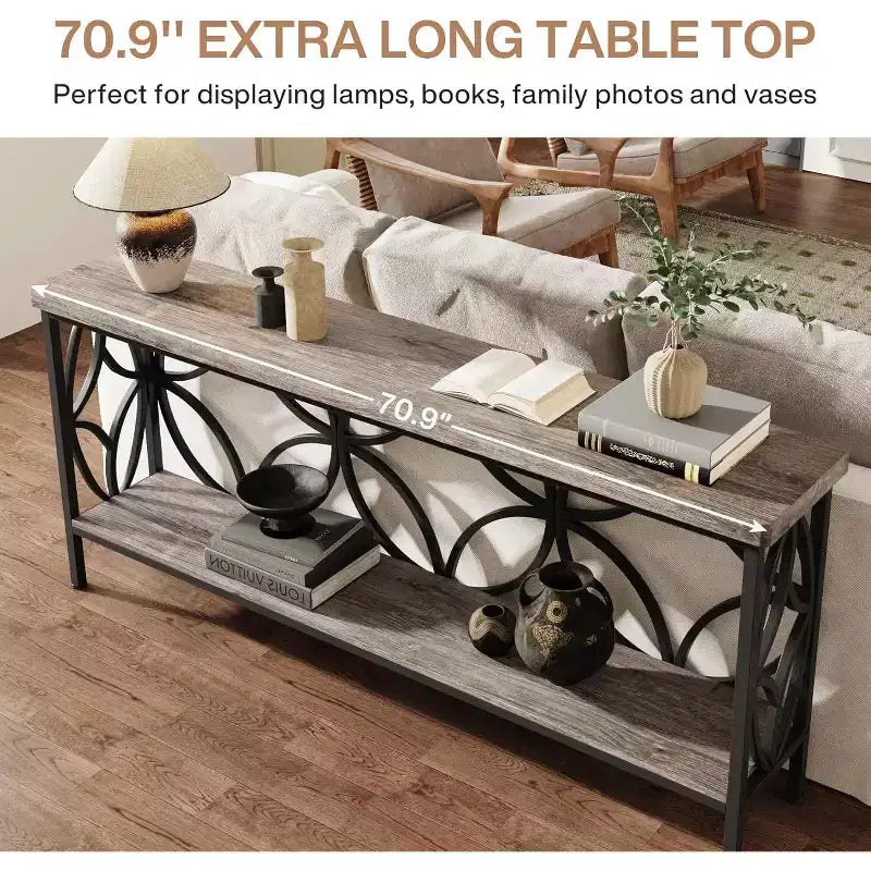 Console industrielle extra longue en métal avec base de rangement, table d'entrée étroite moderne, table de canapé pour couloir, salon