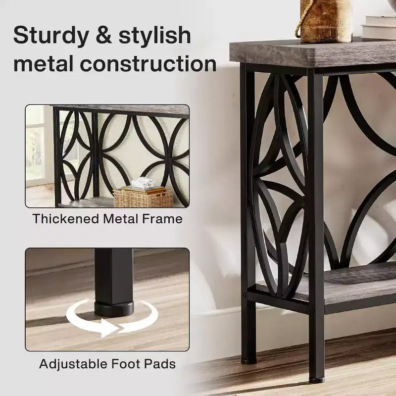 Console industrielle extra longue en métal avec base de rangement, table d'entrée étroite moderne, table de canapé pour couloir, salon