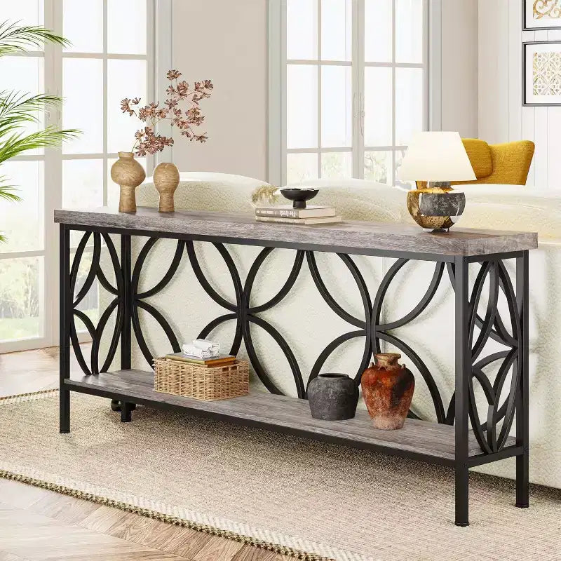 Console industrielle extra longue en métal avec base de rangement, table d'entrée étroite moderne, table de canapé pour couloir, salon