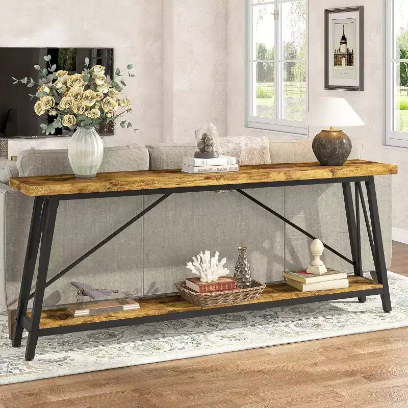 Console industrielle extra longue en métal avec base de rangement, table d'entrée étroite moderne, table de canapé pour couloir, salon
